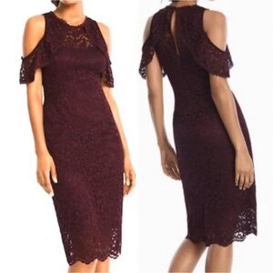 WHBM Elegant Lace Cold Shoulder Dress Burgundy Wedding Events Cocktail Sz 6 NWT